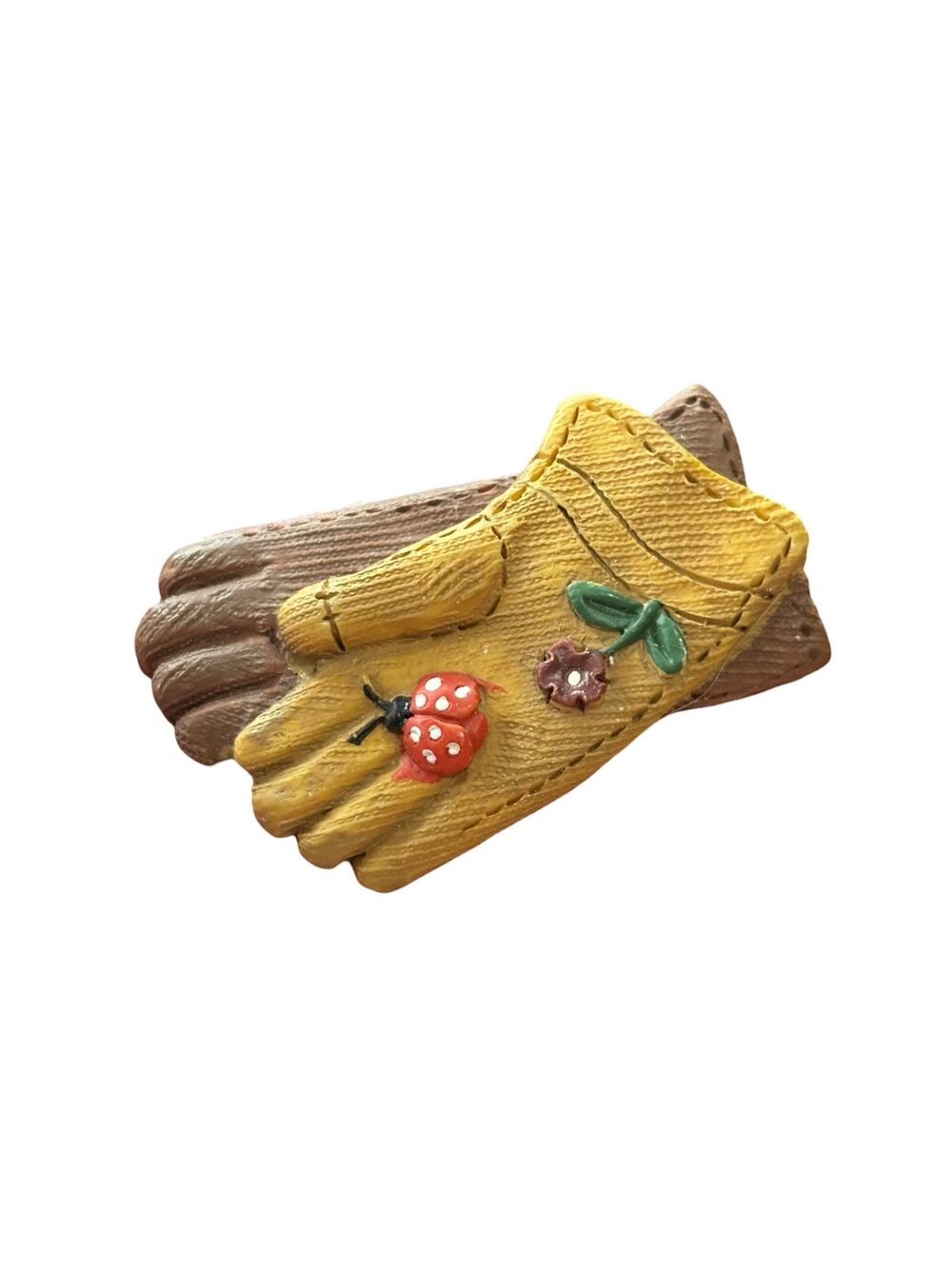 Vintage Ladybug Garden Glove Brooch Pin Cottagecore Hand Painted Resin Wood Look